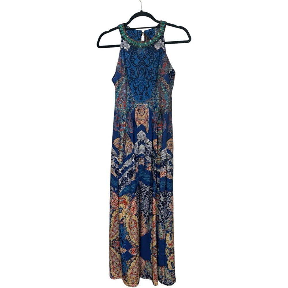 Anthropologie Ranna Gill Blue Multicolor Embellished Neckline in Size 4 - Picture 3 of 5